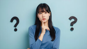 thoughtful woman surrounded by question marks blue background